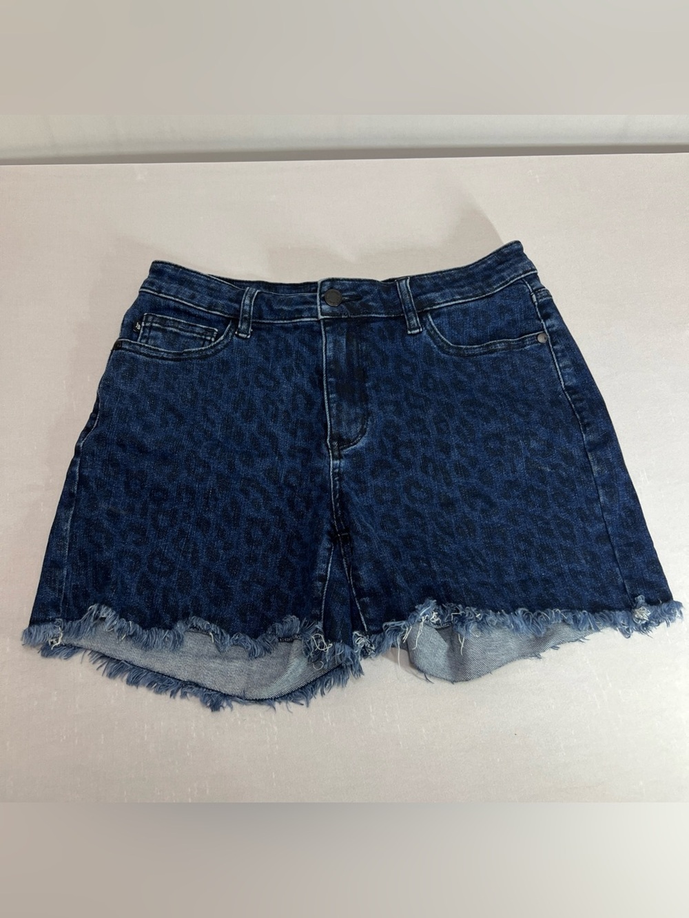 Judy Blue Dark Blue Leopard-Print Denim Cutoff Shorts